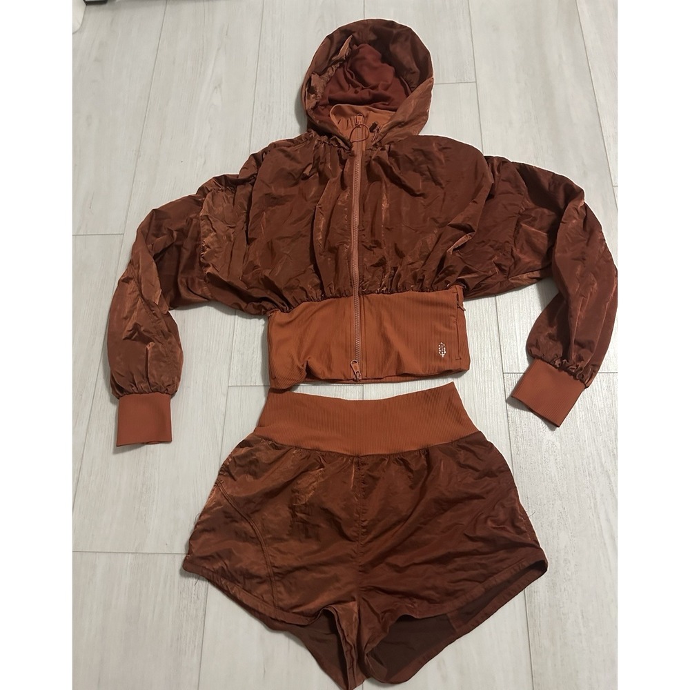 Free People Movement Start Me Up Hoodie Jacket & Shorts Set Sz S Bronze‎ Color